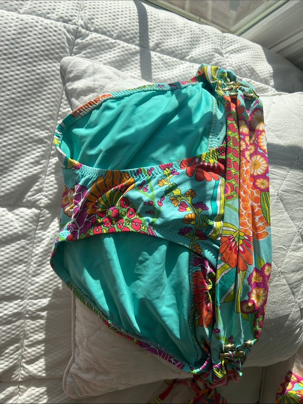 Trina Turk Turquoise Floral Halter Tankini Top with Orange and Pink Accents - Picture 3 of 8